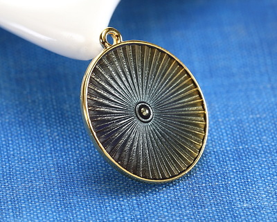 24K Gold (plated) Transparent Storm Gray Enamel Round Radiant Focal 20x23mm