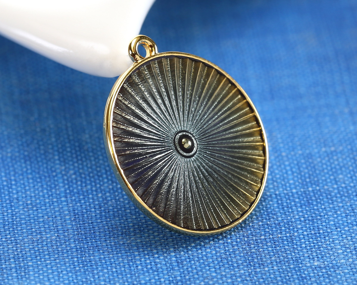 24K Gold (plated) Transparent Storm Gray Enamel Round Radiant Focal 20x23mm