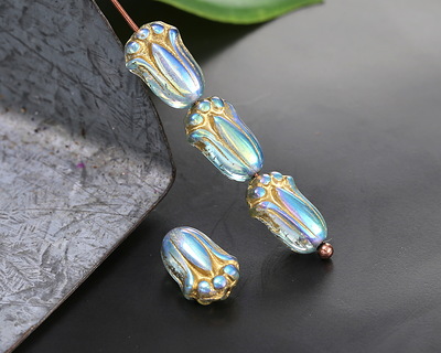 Czech Glass Aquamarine AB w/ Gold Tulip 12x8mm