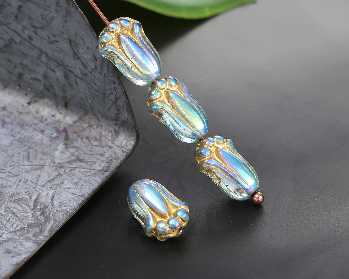 Czech Glass Aquamarine AB w/ Gold Tulip 12x8mm