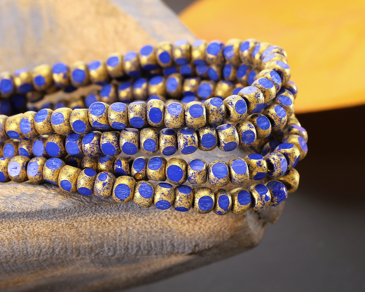 Czech Glass Cobalt w/ Textured Antique Gold Trica Beads 3x4mm