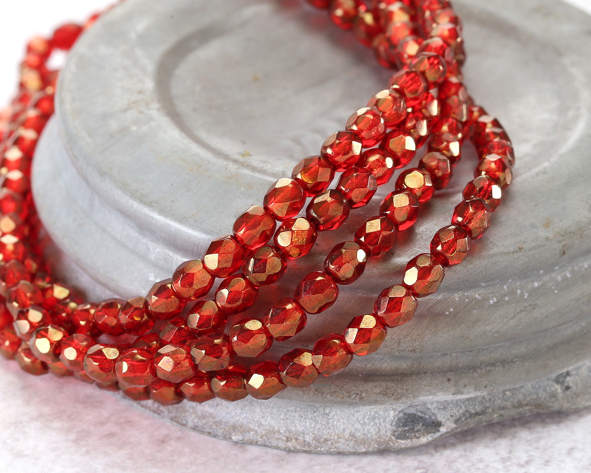 Czech Glass Ruby Red w/ Gold Fire Polished Round 4mm
