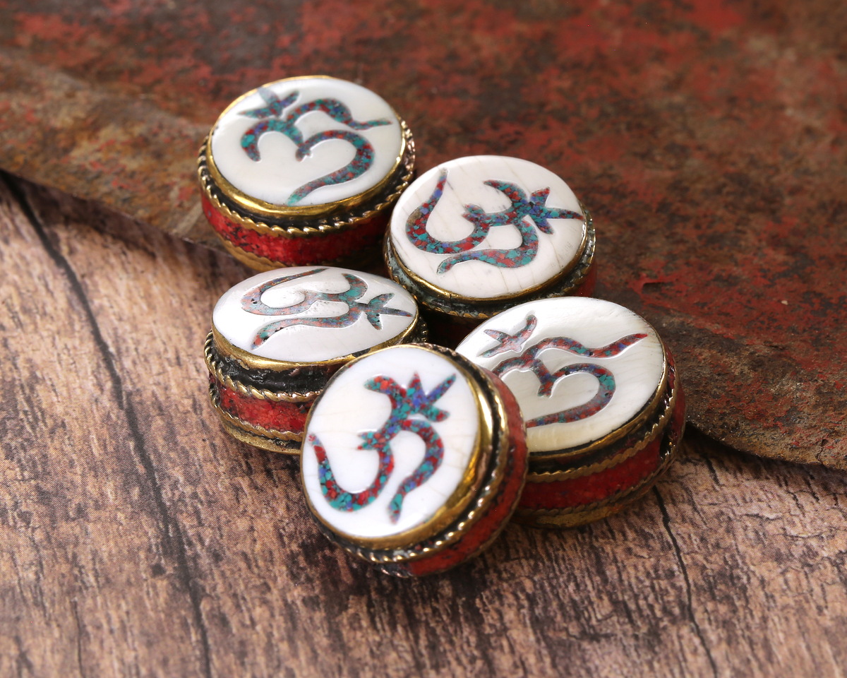 Nepalese Brass w/ Turquoise & Coral Mosaic Om in White Shell w/ Coral Band Coin Bead 19-20mm
