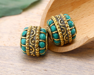 Nepalese Brass w/ Turquoise Dots amd Half Circles w/ Dots Barrel Bead 16x17-18mm
