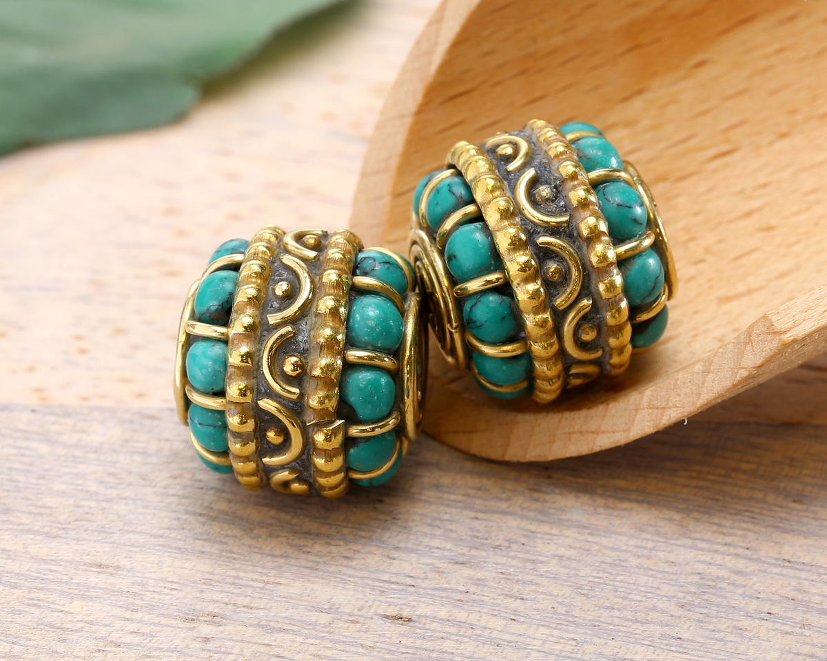 Nepalese Brass w/ Turquoise Dots amd Half Circles w/ Dots Barrel Bead 16x17-18mm