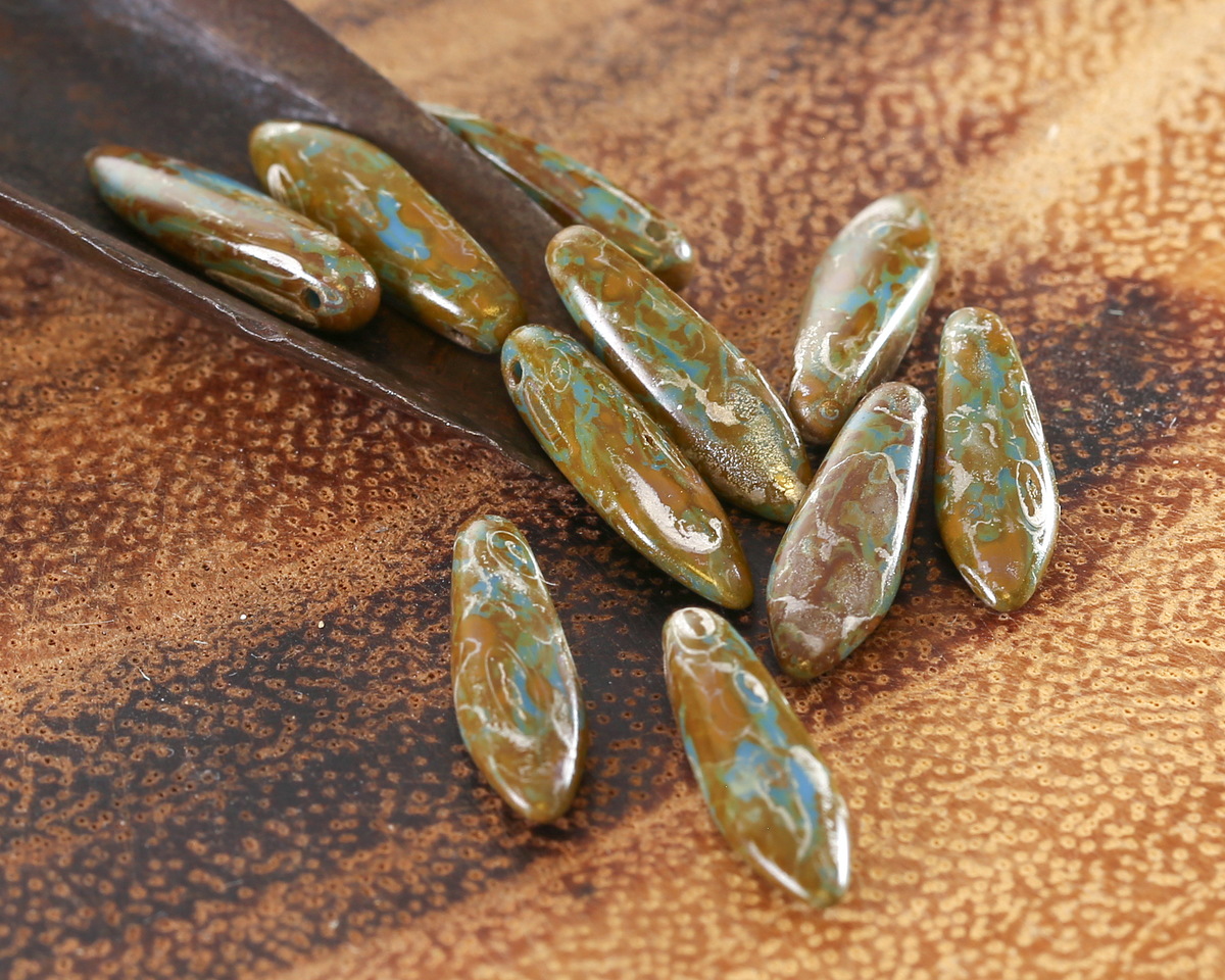 Czech Glass Blue Turquoise w/ Silver Picasso Dagger 5x16mm