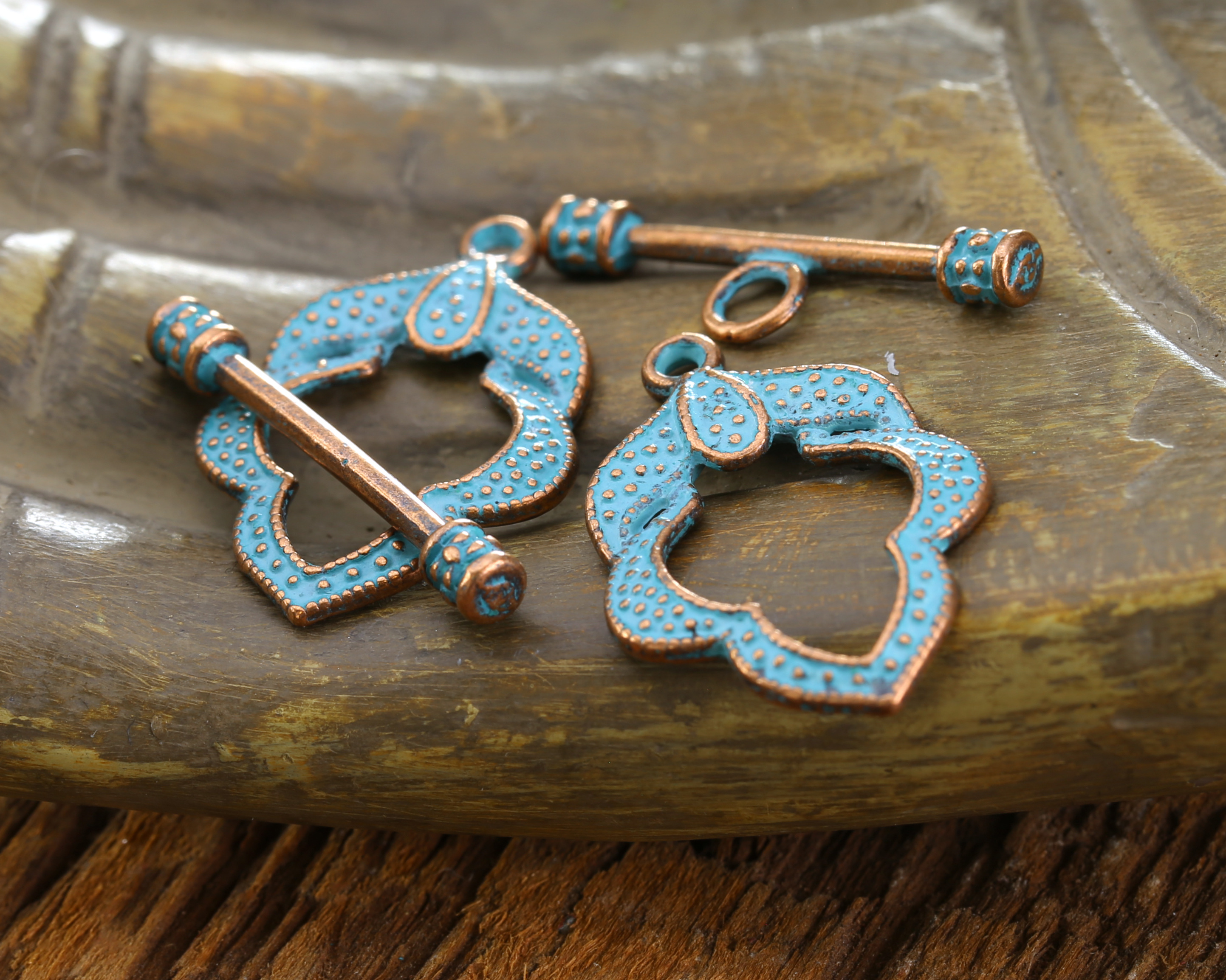 Patina Blue Copper (plated) Lotus Toggle Clasp 17x26mm, 24mm Bar