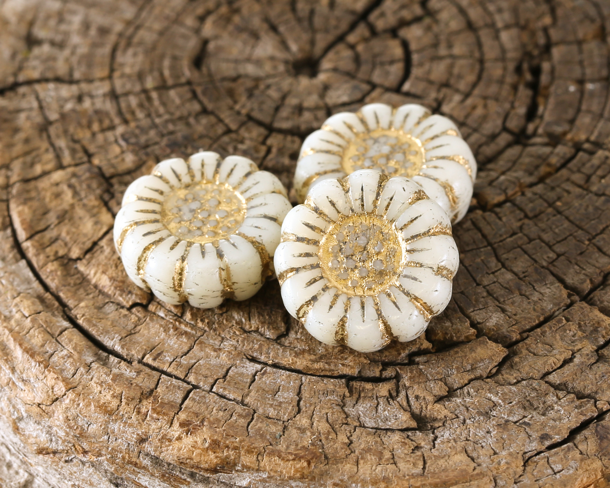 12 Sunflower Gold Travertine Czech Glass Beads – 10mm 3-Petal Flower Beads For Jewelry Making