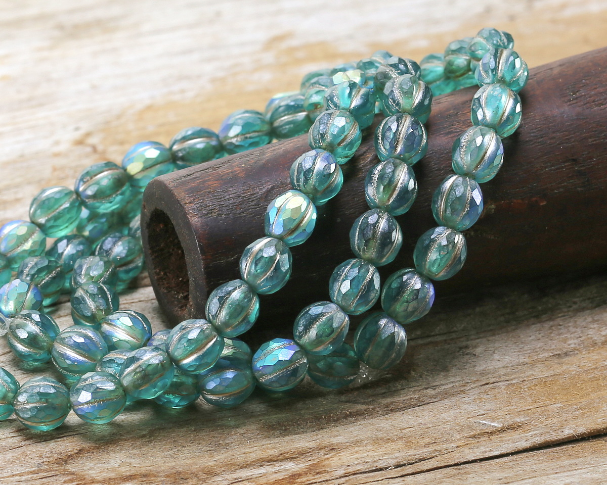 Czech Glass Matte Island Blue AB w/ Platinum Wash Faceted Melon Round 6mm