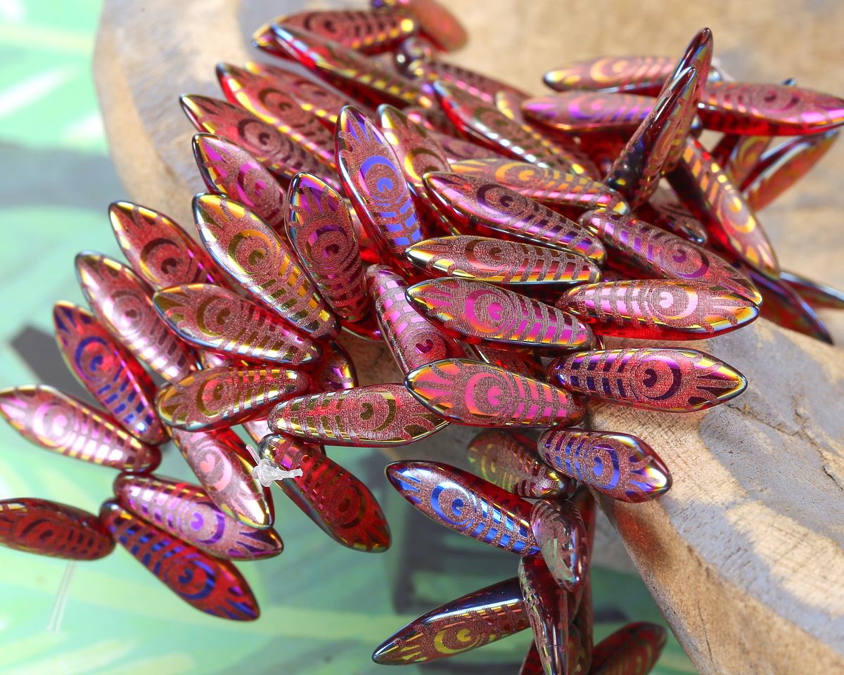 Czech Glass Laser Etched Peacock Feather on Garnet w/ Metallic Rainbow 8mm