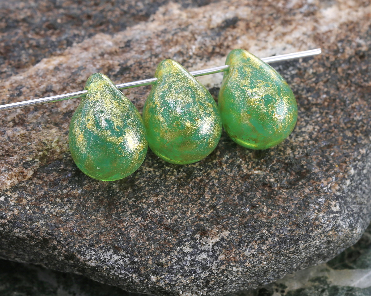 Czech Glass Green Opal w/ Gold Teardrop 10x14mm