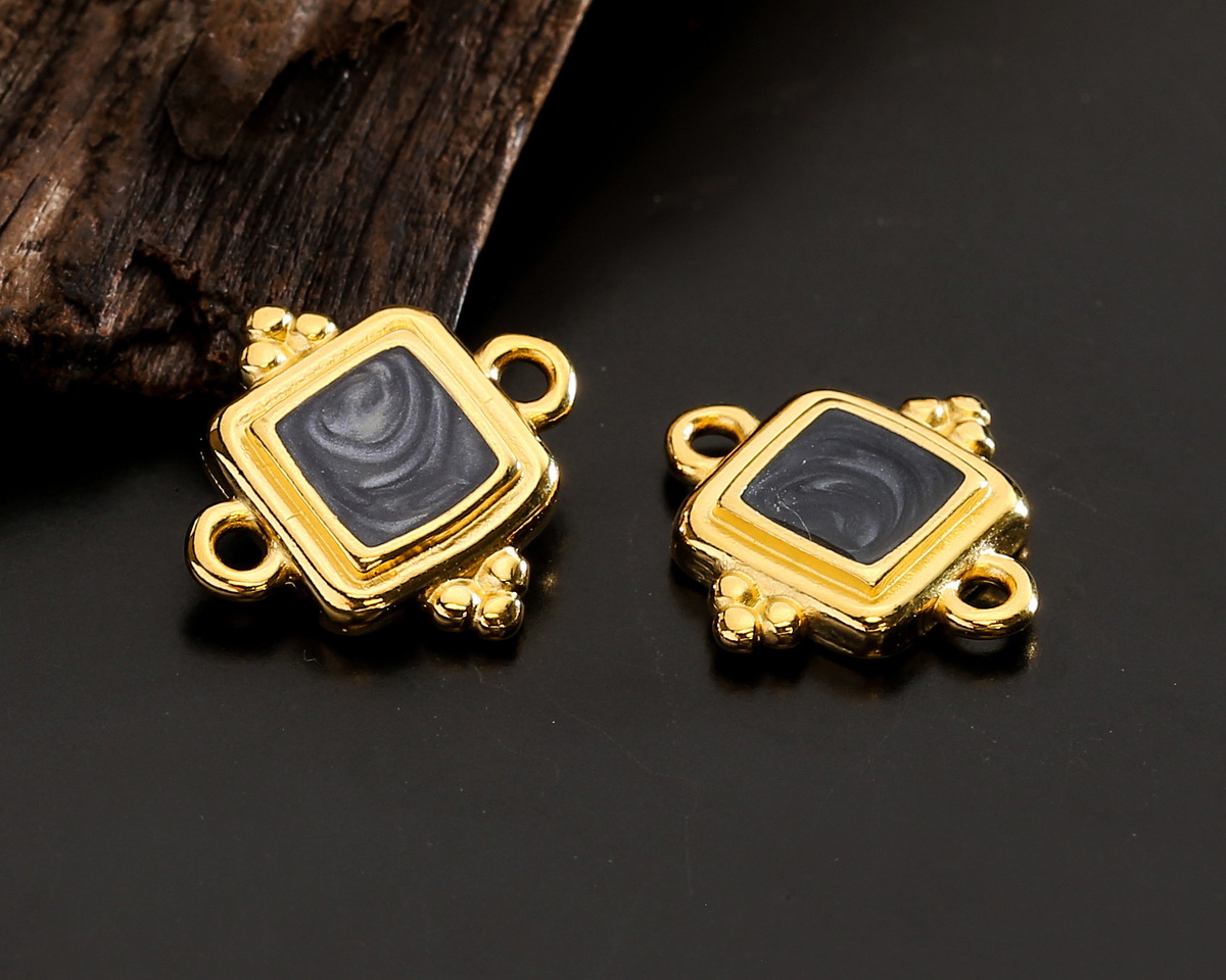 24K Gold (plated) Jet Pearl Enamel Beaded Square Focal Link 15x14.5mm