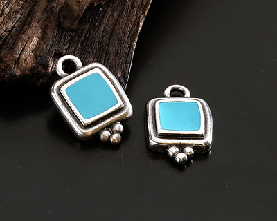 Antique Silver (plated) Turquoise Enamel Beaded Square Focal 10x16mm