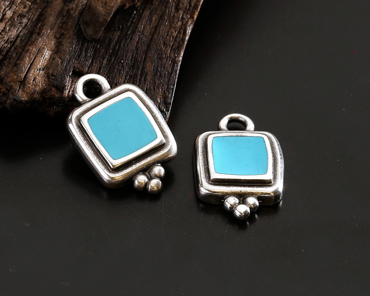 Antique Silver (plated) Turquoise Enamel Beaded Square Focal 10x16mm