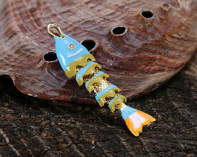 18k Gold (plated) Aqua, Mustard, & Orange Enamel Articulated Fish Focal 10.5x46mm