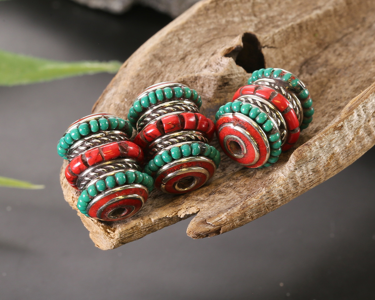 Nepalese White Brass Ropes w/ Coral & Turquoise Bands Barrel 17x13mm