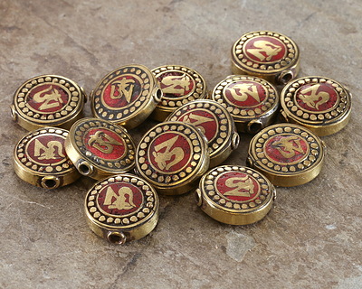 Nepalese Brass Om w/ Inlaid Coral Coin Bead 20mm