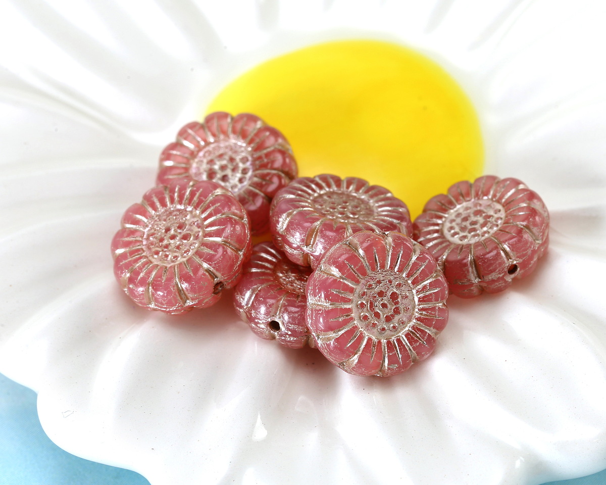 Czech Glass Desert Rose w/ Platinum Sunflower 13mm