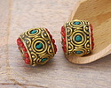 Nepalese Brass w/ Turquoise & Small Coral Dots Large Barrel Bead 15x16mm