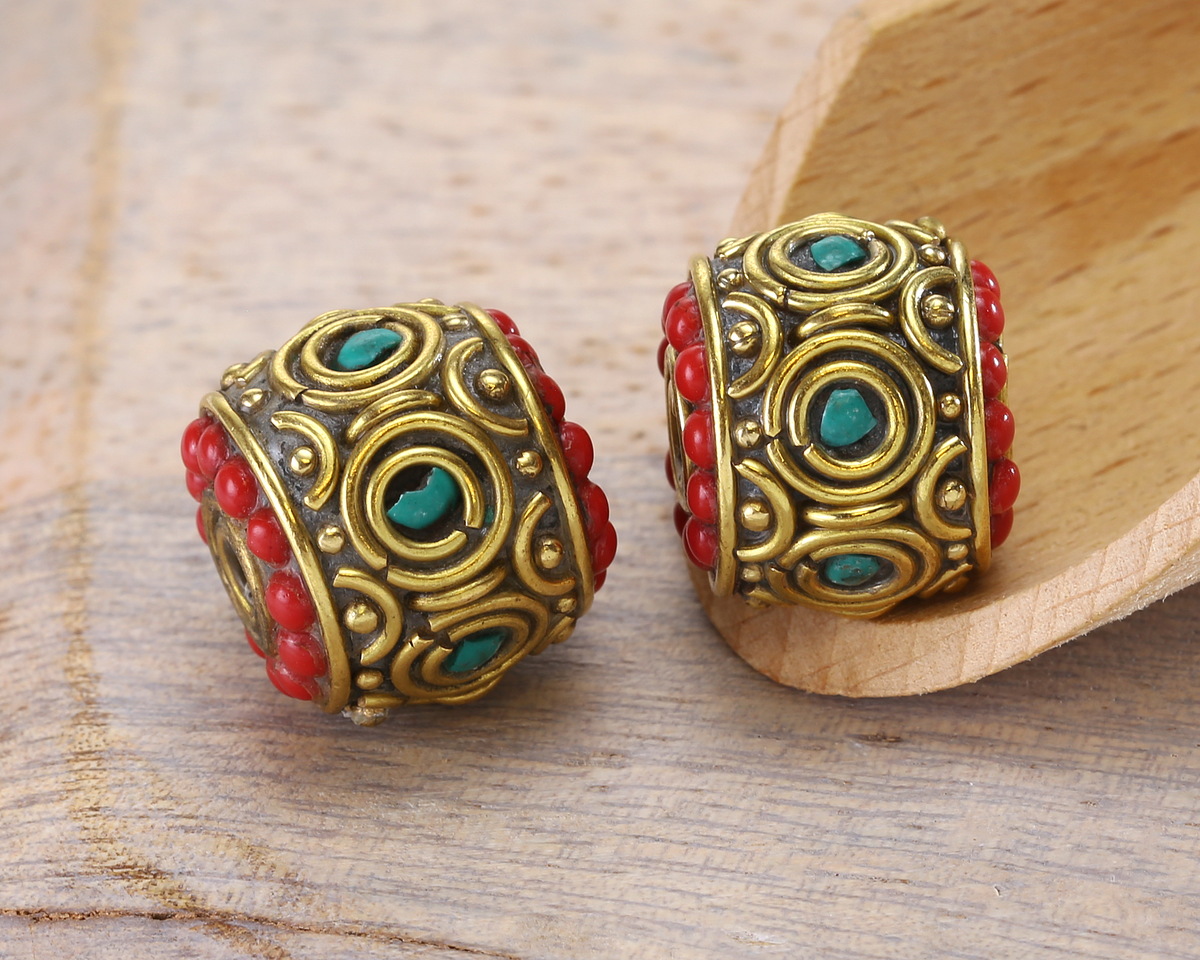 Nepalese Brass w/ Turquoise & Small Coral Dots Large Barrel Bead 15x16mm