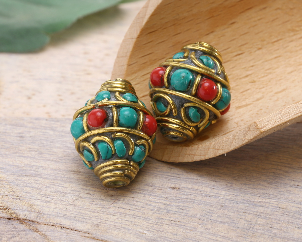 Nepalese Brass Bands w/ Turquoise & Coral Alternating Dots & Turquoise Bands Large Rice Bead 21x17mm