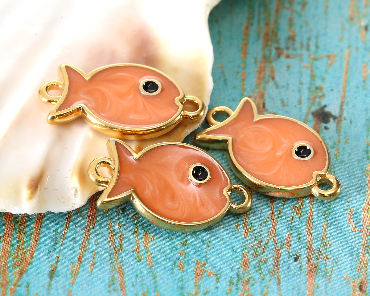 24K Gold (plated) Peach Pearl Enamel Fish Focal Link 19x11mm