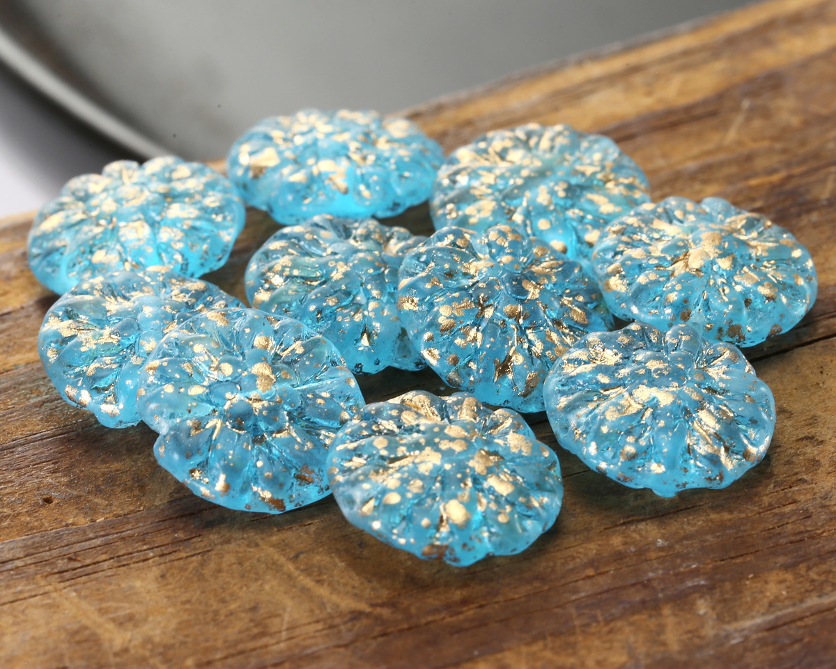 Czech Glass Gilded Aqua Dahlia Coin 14mm