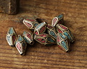 Nepalese Brass Rice Bead w/ Turquoise & Coral Mosaic Petals 16-20x8-10mm