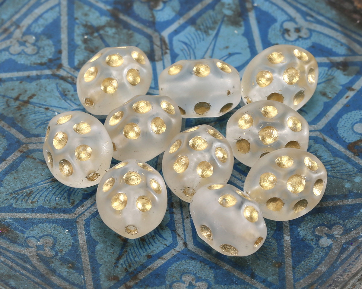 Czech Glass Matte Crystal w/ Gold Dimpled Rice 12x10mm
