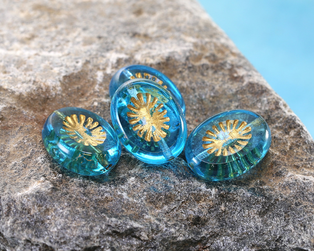 Czech Glass Aquamarine w/ Gold Oval Star Window 14x10mm
