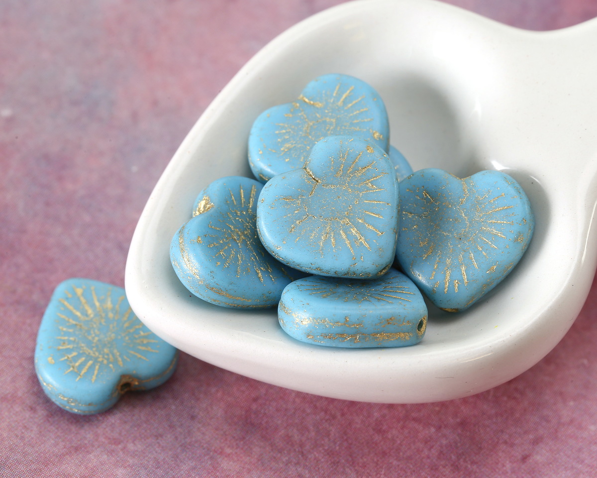 Czech Glass Matte Sky Blue w/ Gold Wash Starburst Heart 14mm