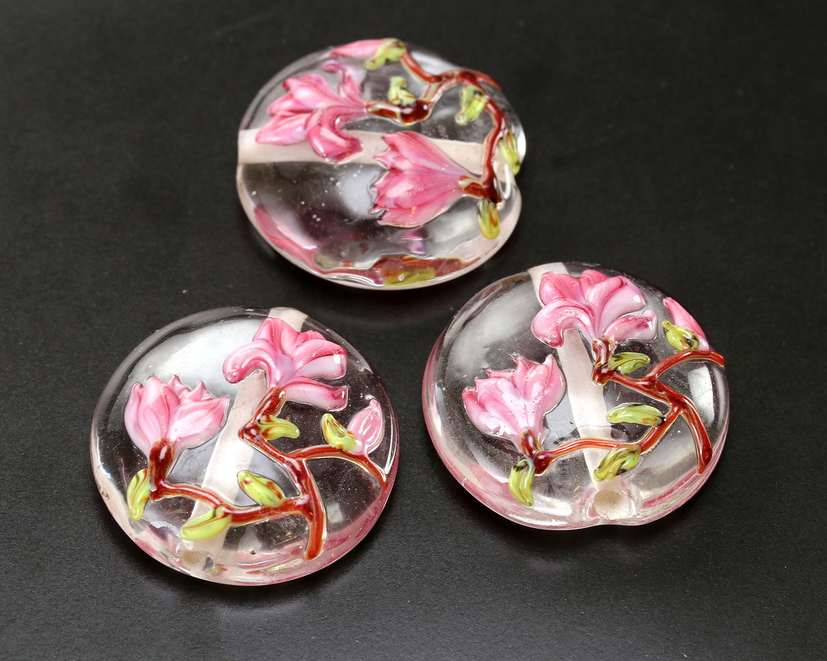 Grace Lampwork Blushing Magnolia Lentil Focal Bead 25mm