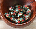 Nepalese Brass w/ Turquoise & Coral Mosaic Saucer Bead 8x12mm