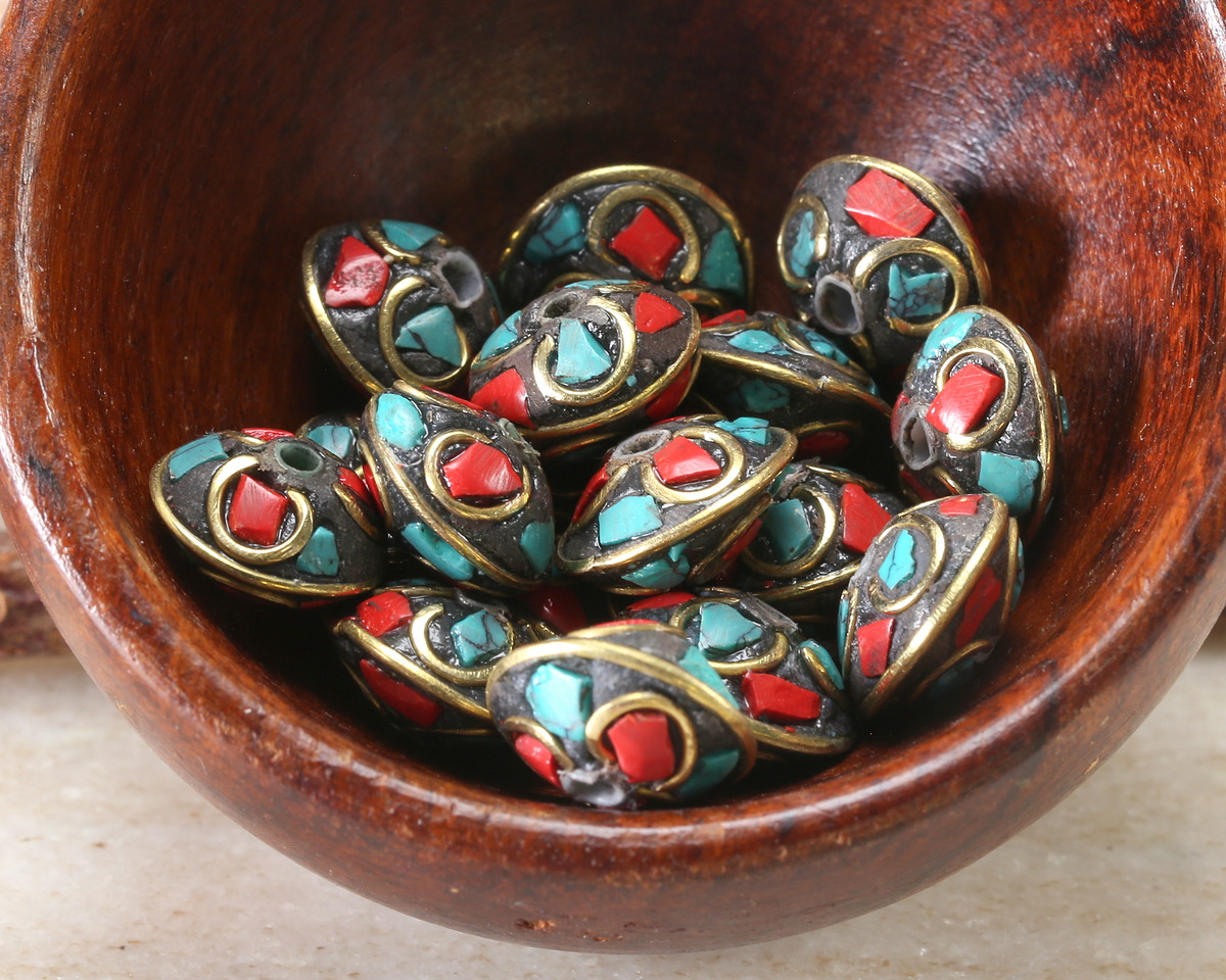 Nepalese Brass w/ Turquoise & Coral Mosaic Saucer Bead 8x12mm