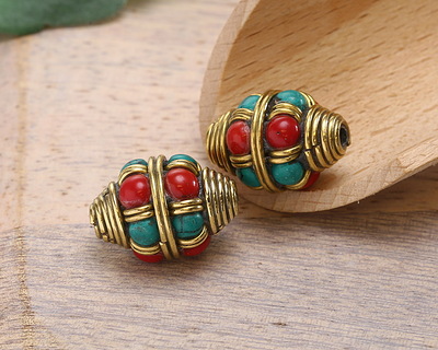 Nepalese Brass w/ Turquoise & Coral Dots Bulbous Rice Bead 20x15mm