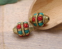 Nepalese Brass w/ Turquoise & Coral Dots Bulbous Rice Bead 20x15mm