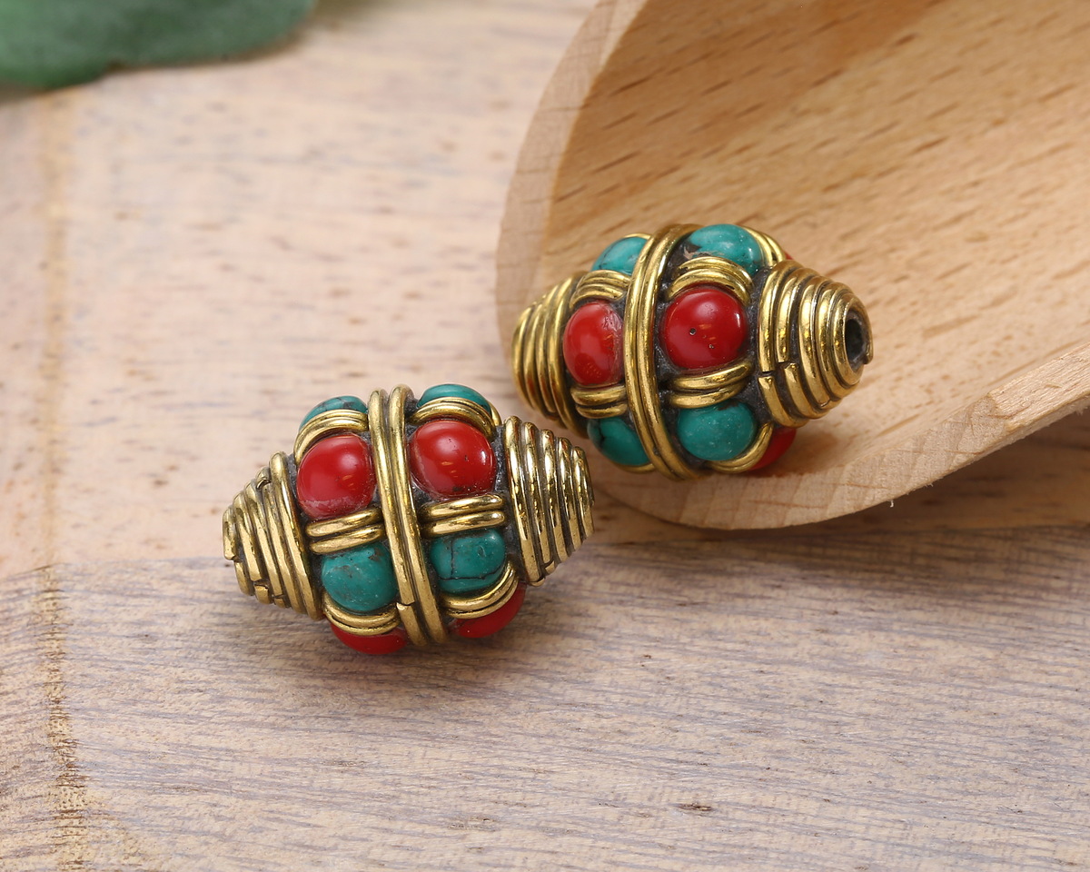Nepalese Brass w/ Turquoise & Coral Dots Bulbous Rice Bead 20x15mm