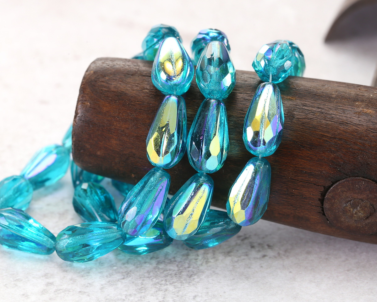 Czech Glass Teal AB Faceted Teardrop 15x8mm