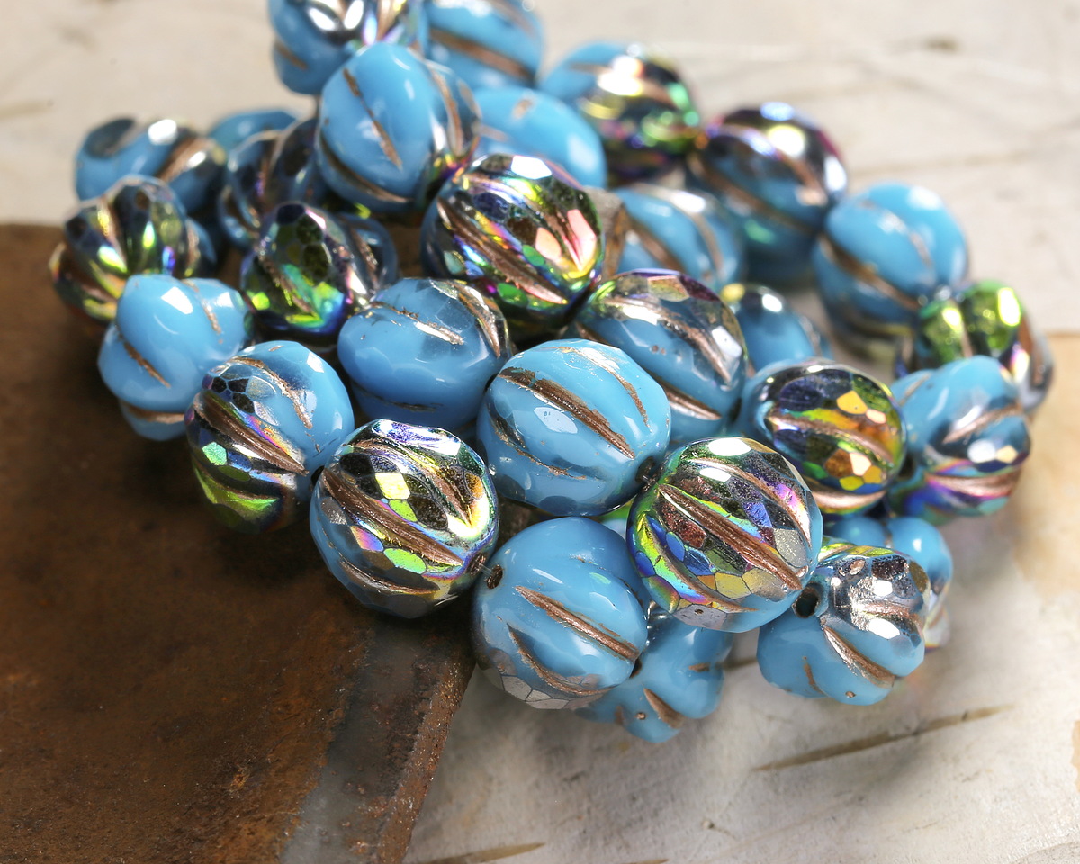 Czech Glass Blue Turquoise AB w/ Gold Faceted Melon Round 10mm