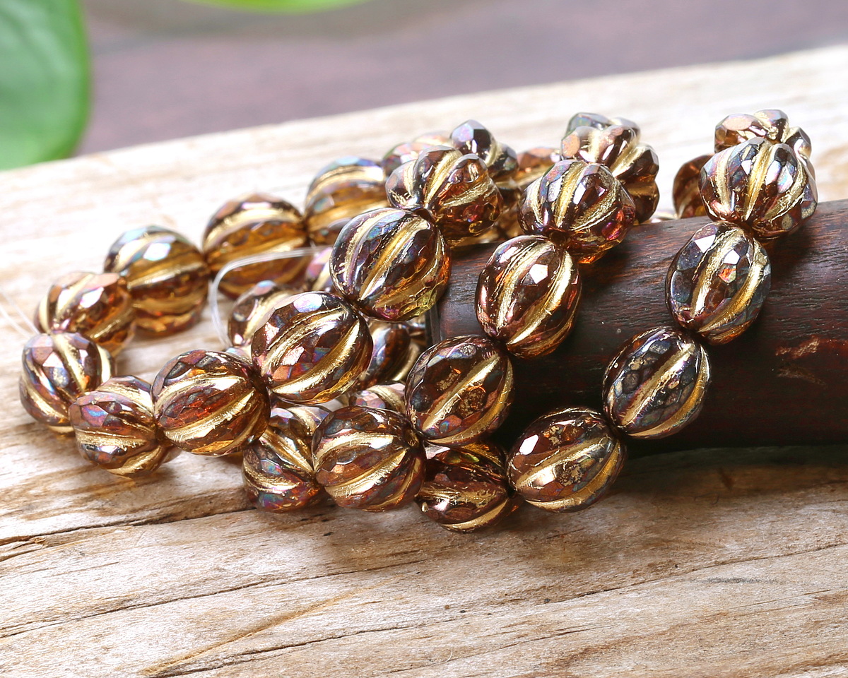 Czech Glass Dark Amber AB w/ Gold Faceted Melon Round 10mm