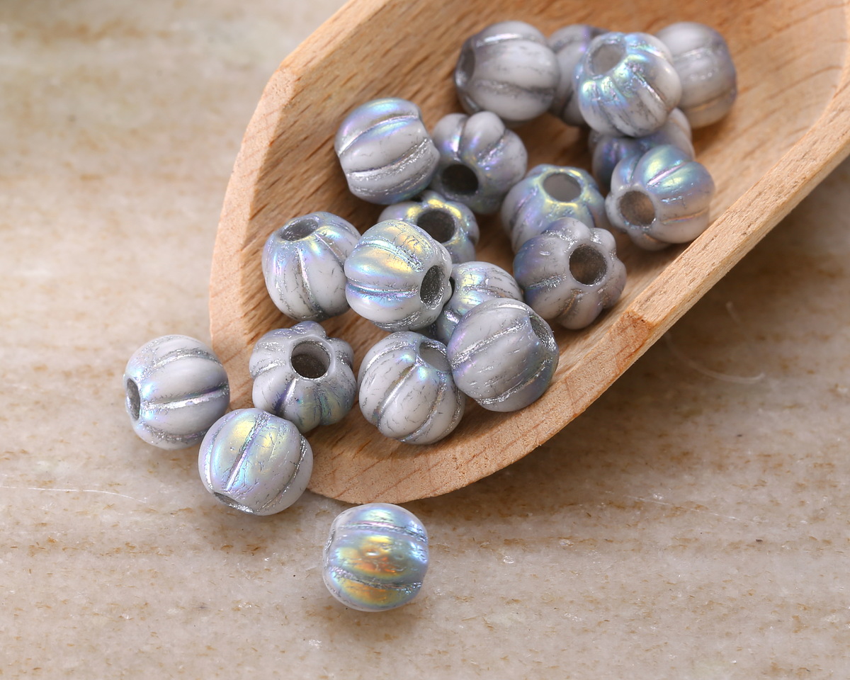 Czech Glass White AB w/ Silver Large Hole Melon Round 8mm