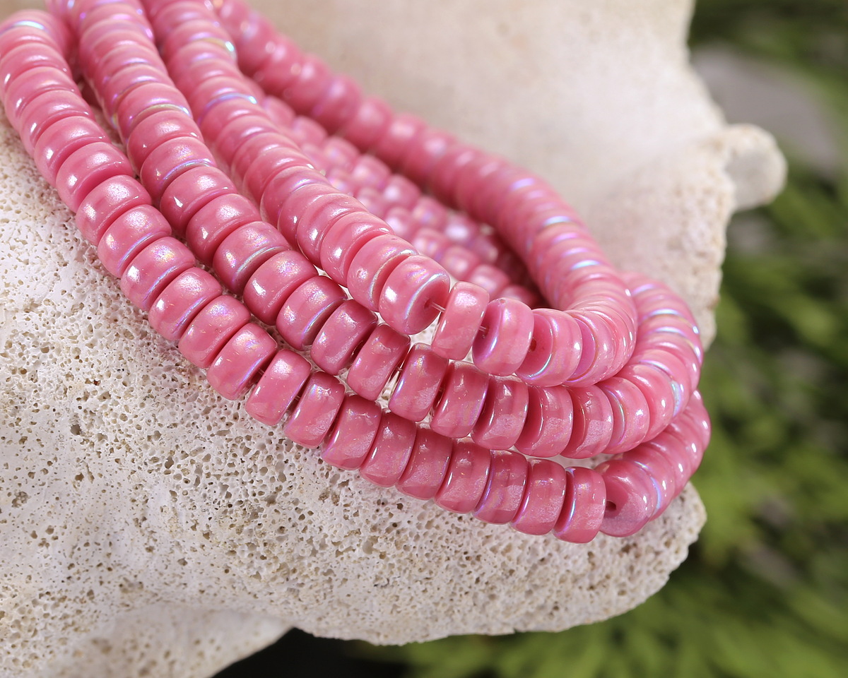 Czech Glass Azalea Pink Silk AB w/ Luster Heishi 3x6mm