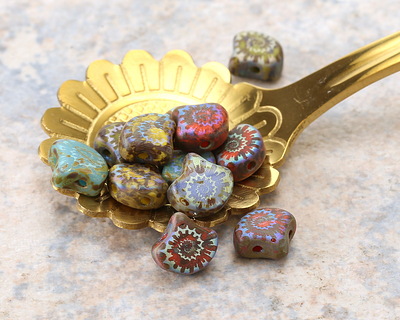 Czech Glass Laser Etched Ammonite on Matte Opaque Mix Picasso AB 2-Hole Ginkgo Leaf 7.5mm