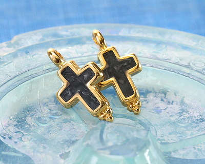 24K Gold (plated) Charcoal Pearl Enamel Cross Focal 9x17mm