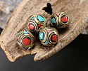 Nepalese Brass Double Ringed Turquoise & Coral Mosaic Cube 10-11mm