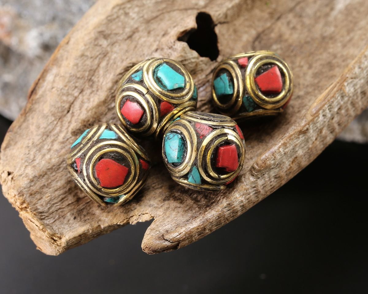 Nepalese Brass Double Ringed Turquoise & Coral Mosaic Cube 10-11mm