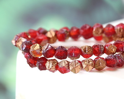 Czech Glass Textured Ruby Red w/ Copper Finish English Cut Bead 4mm