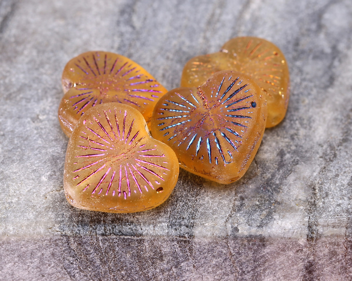 Czech Glass Matte Amber w/ Metallic Rainbow Starburst Heart 13x14mm