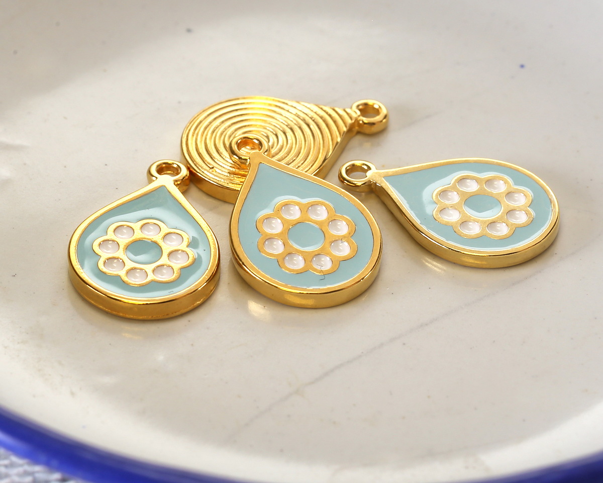 24K Gold (plated) Sea Blue Enamel w/ Flower Drop Focal 13x20mm