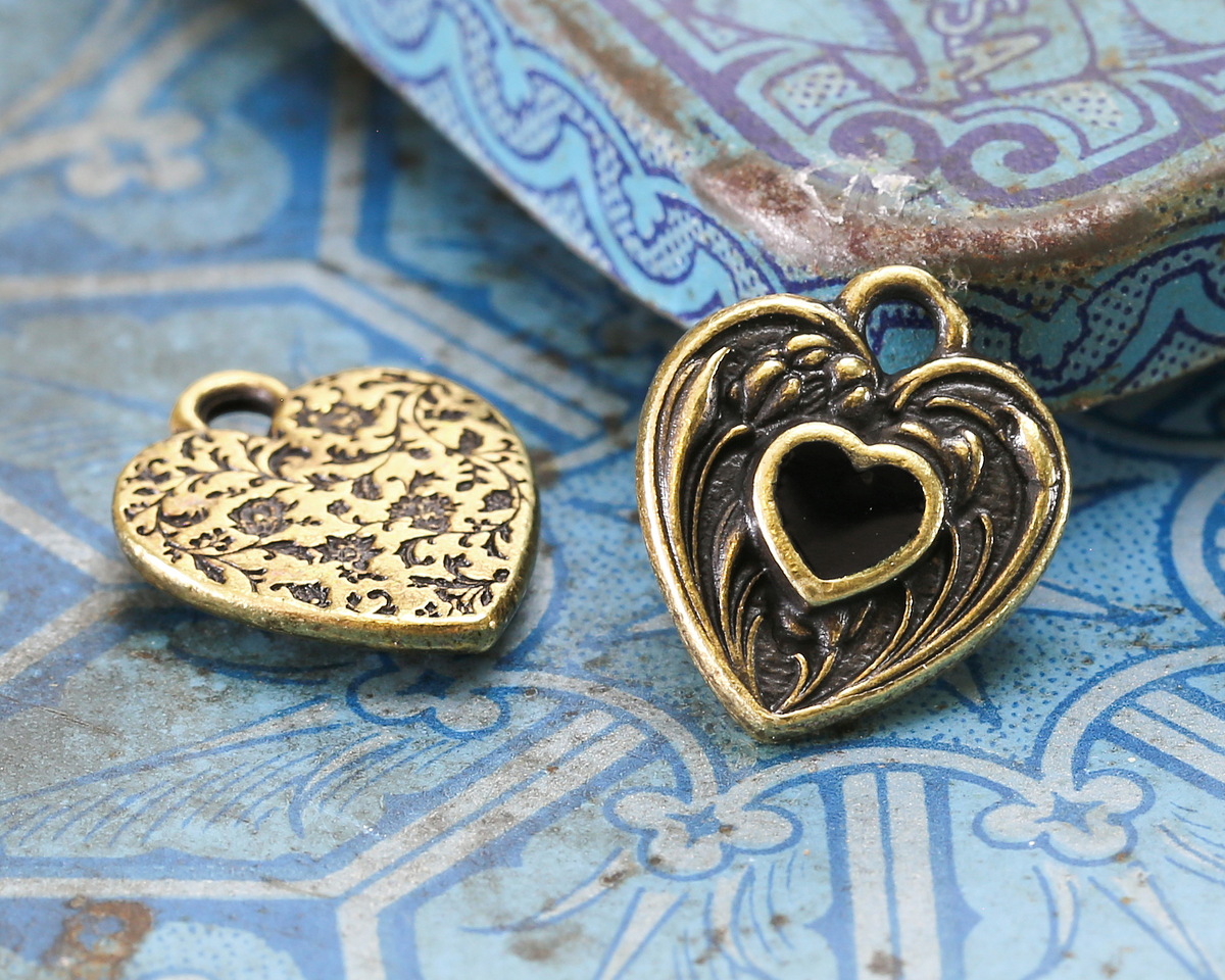 TierraCast Antique Brass (plated) Jet Enamel Heart in Heart Shaped Focal 12.5x14mm